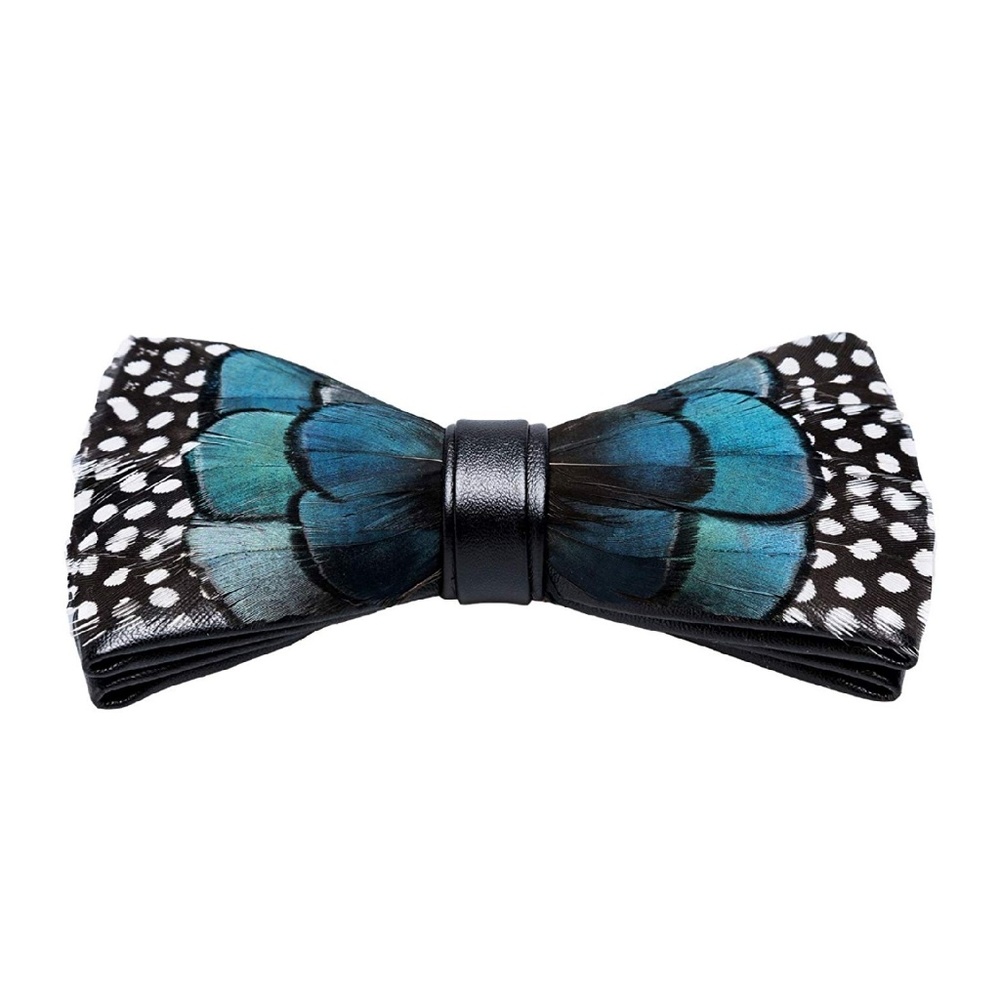 Mens Natural Peacock Feather Pre-Tied Bow tie Blue